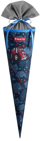 Step by Step Schultüte „Tractor Freddy“, blau, passend zum Schulranzen, aus recycelten PET-Flaschen, Verschluss aus Stoff,5 l Füllvolumen, 70 cm Höhe