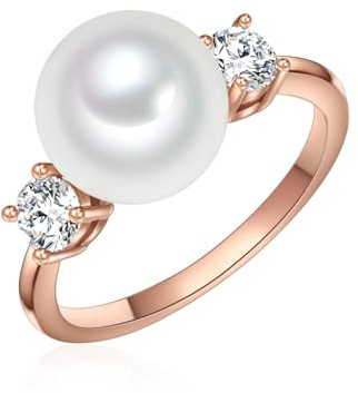 Lulu & Jane Damen Ring Messing roségold | rosévergoldet 14 Karat, Perlenring, Zirkonia, weiß, Muschelkernperle, ca. 10,0 mm, weiß, rund