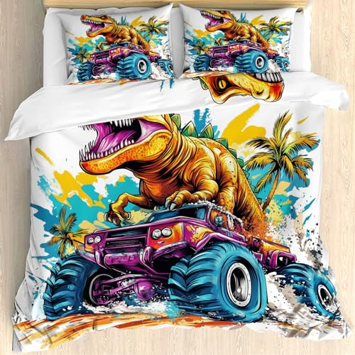 Qfpryzius Tyrannosaurus Single Duvet Cover Set, Monster Truck Dino Bedding Quilt Cover, Watercolor Duvet Cover with 1 Pillowcases, Soft Reversible Bed Covers 2 Pcs with Zipper Closure