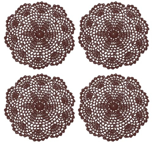 sourcing map Spitzendeckchen, 4 Stück, 20,3 cm, Baumwolle, gewebt, rund, gehäkelt, Untersetzer, Blumendesign, Stoff, handgefertigt, Platzset für Getränke, Hochzeit, Party, Dekoration (dunkle