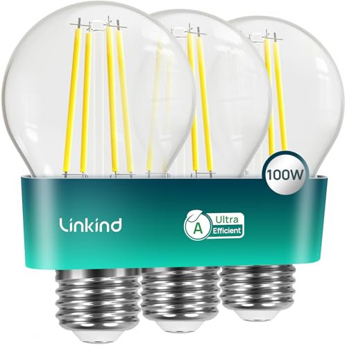 Linkind Ampoule LED E27 Vintage Ultra Efficace, 7,2W = 100W, 2700K Blanc Chaud, Classe Énergétique A, Non Dimmable, A60 Edison 1521lm, Angle 320°, Économie d'Énergie, Verre Transparent, Lot de 3