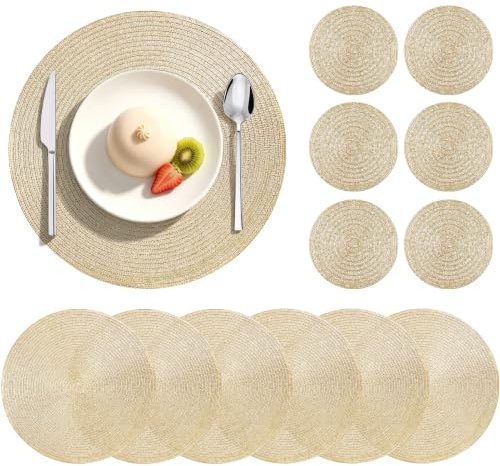 HEYOMART Round Placemats, Table Mats and Coasters Set of 6, Gold | 34cm Braided Woven Place Mats and Coasters Set Washable Heat Resistant for Christmas, Kitchen Dining Table, Party, Wedding