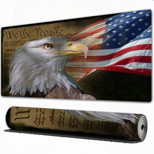 FEHWI 90×40 cm Verlängertes großes Mauspad Schreibtischauflage,Montage mit Weißkopfseeadler und Verfassung der US-Flagge,genähte Kanten Gaming mauspads,rutschfeste Gummibasis