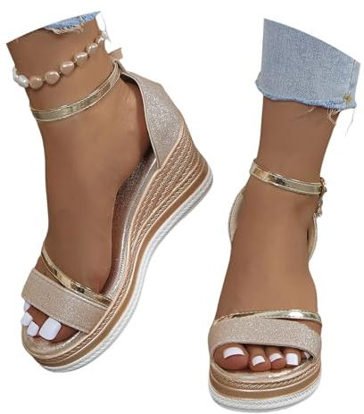 LDXEQIZ Damen Keilabsatz Sandalen Elegant High Heels Mit Pailletten 2025 Braut Römische Sandaletten Sommer Offener Zehen Slingback Sandals Plateau Abendkleidschuhe Für Party