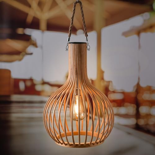 MARELIDA LED Solar Hängeleuchte aus Bambus in Boho Stil 40cm Solarleuchte outdoor Hängelampe für Terrasse Balkon Außenleuchte