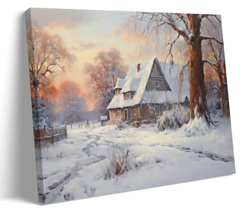 GMUKIFFY Pittura moderna di capanna invernale su tela da parete alberi di neve tramonto, lodge rustico, allungato e incorniciato, stampe su tela, opere d'arte per decorazioni per la casa, pronte da