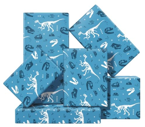 Geology Anthropology Tyrannosaurus Rex Dinosaurier-Skizzen auf blauem Geschenkpapier, 4 Bögen, 50 x 70 cm pro Blatt, für Kinder, Geologen, Jurazeit, Liebhaber, Geschenkpapier