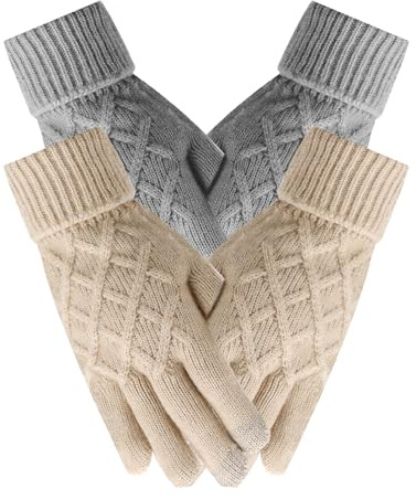 ldyllicStyle Guantes Táctil, Guantes Cálidos De Invierno, Tejido Elástico De Punto, Adecuado para Ciclismo, Motociclismo, Conducción, Unisex para Hombre Y Mujer, 2 Pares (Gris/Beige)