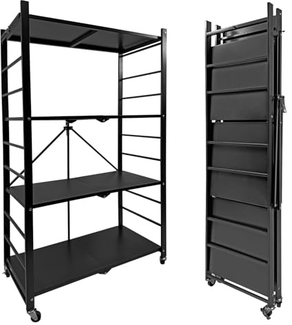 EVGTTI Folding Storage Shelves, 4 Tiers Foldable Shelving Unit, Metal Frame Standing Racking Shelf With Lockable Wheels, for Kitchen Pantry Living room Garage Laundry Bathroom, 71.5Lx34Wx125H CM Black