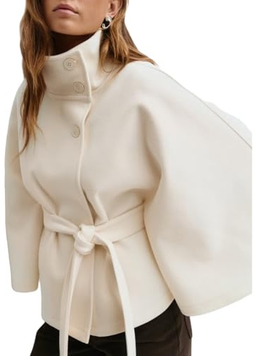 Generisch Poncho para mujer con mangas murciélago, chaqueta estilo Caban, elegante cuello alto, capa, chaqueta, manto, cinturón, otoño, ropa de moda para el tiempo libre, Blanco, S