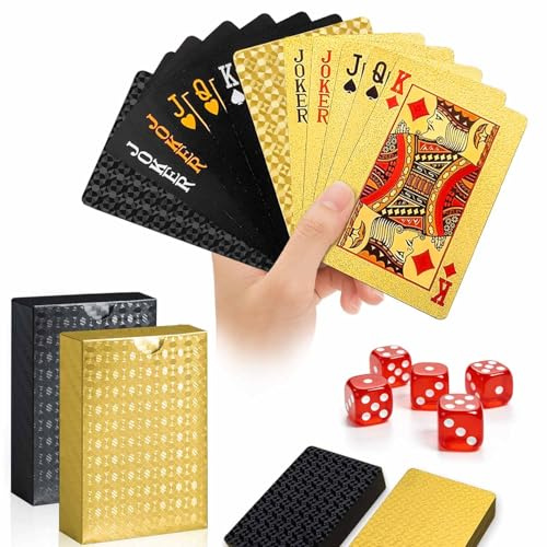 JWENUPDE 2er-Set Wasserdichte Spielkarten mit 5 Roten Würfeln, Goldene & Schwarze Diamantstruktur Kunststoff Pokerkarten für Pool, Strand, Party, Ideal für Romme, Blackjack, Tarot, Canasta Kartenspiel