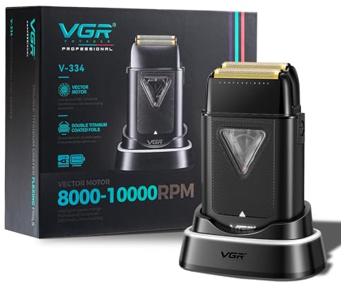 VGR 334 Rasoir Electriques Hommes Sans Fil, Foil Shaver Homme avec Moteur Vectoriel 10000 Tr/Min, Rasoir Electrique Pro avec Station de Charge Sans Fil, Éclairage LED et Sac de Rangement