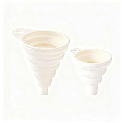 YANGMUM Juego de 2 embudos pequeños de silicona suave plegables de calibre pequeño para llenar botellas o recipientes para ahorrar espacio (blanco)