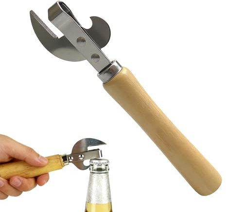 YiJianLiangBai Stainless‑Steel Side‑Old Style Can Opener with Ergonomic Wood Handle‑Stab Can Opener for Kitchen,Camping and Restaurant‑2 in 1 Manual Can Opener for Cans and Beer