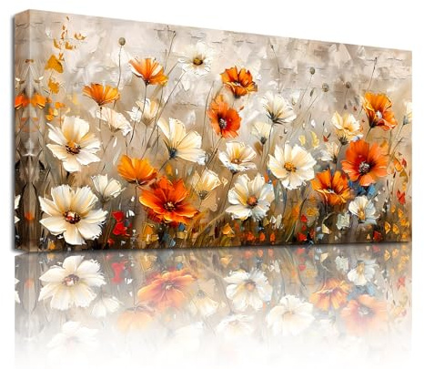 SERIMINO Quadro Moderno Soggiorno Fiori Grandi Naturale 50x100 cm | Fiori Bianco Arancione Marrone, Legno Massello, Tela Densa, Stampa HD, Installazione Facile, Usi Vari, Regalo