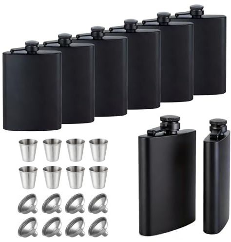 MeiQraft 8 pcs Stainless Steel 8 Oz Hip Flasks for Liquor, Matte Black, Leak-Proof with 8 Funnel and 8 Cups, for Weddings, Groomsmen Gifts, Camping, Traveling, Wedding Party
