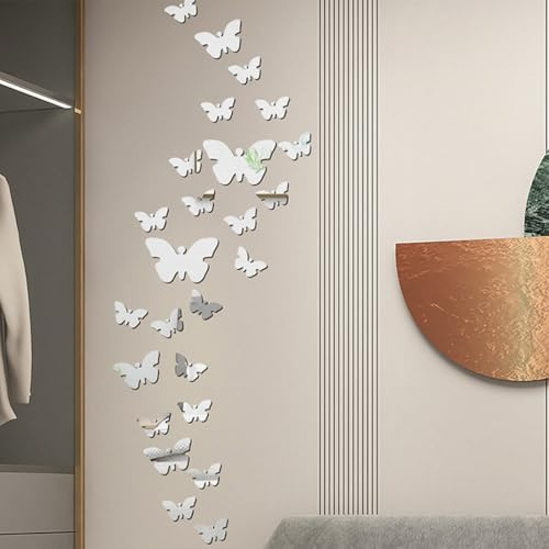 NOPVUFA 36 Pezzi Mariposas Espejos Adhesivo Pared Decorativos, Mariposas Pegatinas Pared Decorativas Acrílico Plata 3D para Habitación, Salón, Dormitorio, Oficina