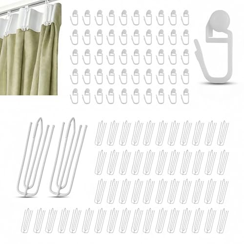 100 Stück Curtain Hooks, 50 Gardinenhaken Metall & 50 Gardinengleiter, Edelstahl Vorhanghaken, Faltenhaken für Gardinen, 4 Zinken Pinch Vorhang Falten Haken für Schienen, Gardinen Haken zum Einhängen