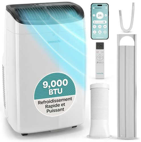 SereneLife Climatiseur Mobile 9 000 BTU – Climatiseur Portable Silencieuse 3 en 1 avec Contrôle APP, Déshumidificateur, Ventilation, Rafraîchisseur d’Air, Kit Fenêtre, WiFi, Pour pièces de 31㎡