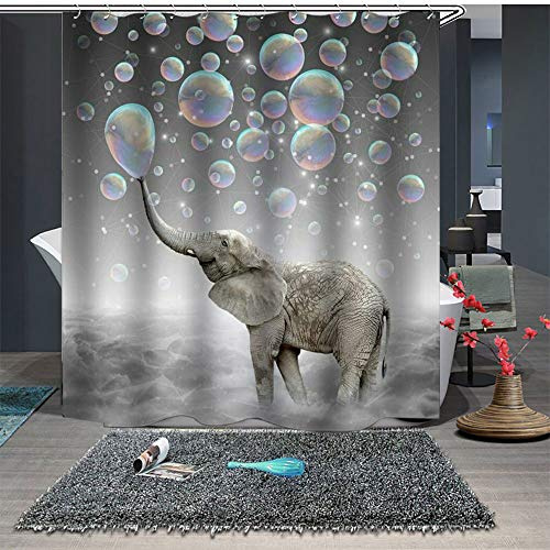 Chickwin Chickw1 Badezimmer Duschvorhang Wasserdicht Anti-Schimmel, Waschbar Polyester Duschvorhang 3D Kreativ Kleine Elefant Muster mit 12 Kunststoff Duschvorhangringe (180x200cm,Blasen)