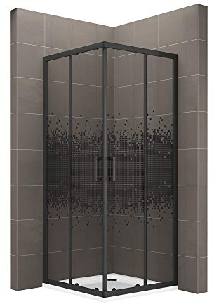 MOG Duschkabine 80x100 cm Höhe: 190 cm mit Schiebetüren Eckdusche mit Rollensystem aus 6 mm schwarz kariertem ESG Glas DK68