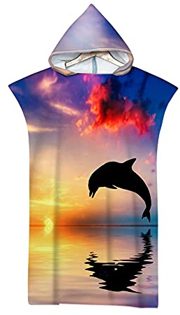 Highdi Badeponcho Strand, Delfin Drucken Handtuch mit Kapuze Erwachsene Badeponcho Surf Poncho Ultraleicht Schnelltrocknend Strandtuch aus Mikrofaser für Herren Damen (75x110cm,Sonnenuntergang)