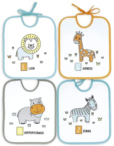 Ti TIN - Confezione da 4 bavaglini impermeabili per bambini 73% cotone - 27% poliestere fodera vinile | Bavaglini con chiusura con nastri per bambini da 6 a 18 mesi