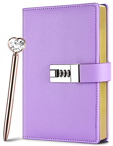 Lock Diary for Woman, Leather Locking Journal with Pen,Gold Gilded Edges Writing Notebook Combination Locked Journal Planner Agenda Personal Diary(Purple,19.5 x 13.3 cm)