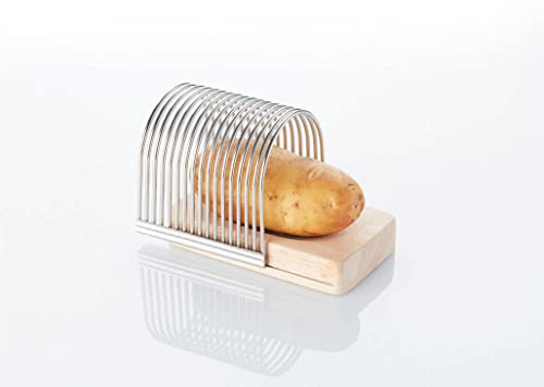 barbecook Kartoffel-, Pommes und Gemueseschneider Fuer gleichmaeßige Pommes, Hasselback Kartoffeln und Gemuesestreifen aus Edelstahl mit Holzbrett, Maße 13,6x9,4x10,5 cm