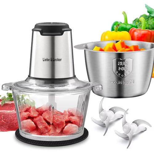 Liebe&Lecker Food Processor, Meat Grinder with 2 Bowls 8 Cup and 8 Cup, Food Chopper Electric Vegetable Chopper with 4 Large Sharp Blades for Fruits, Meat, Vegetables, Baby Food, Nuts, 2 Speed.