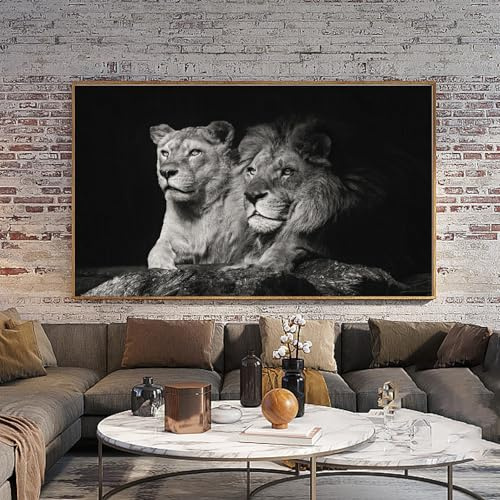 UGZDEA Images sur toile Lion, noir et blanc poster lion et lionne peintures d'animaux, moderne décoration de la maison – Sans cadre(C,50x100cm)
