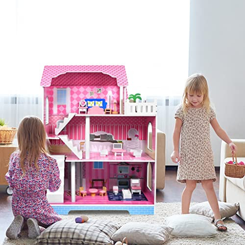 YUENFONG Puppenhaus Holz XXXL Puppenvilla 3 Etagen Puppenstube mit Zubehör und Möbeln Holzpuppenhaus für Kinder, Mädchen, Geschenk, Geburtstag,100×70×36cm
