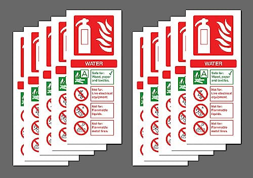 Water Fire Extinguisher ID Safety Sign 200mm x 80mm (Pack of 10 Signs) - Self Adhesive Stickers