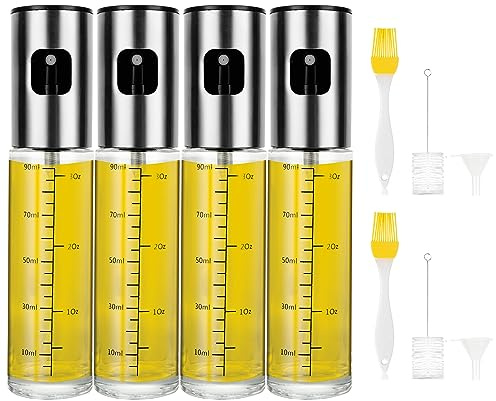 WOPPLXY 4 pulverizadores de aceite de 100 ml, botella pulverizadora de aceite con 2 embudos, 2 cepillos de silicona, 2 cepillos de limpieza, spray de aceite para cocinar, asar, ensaladas, pasta, 18,5