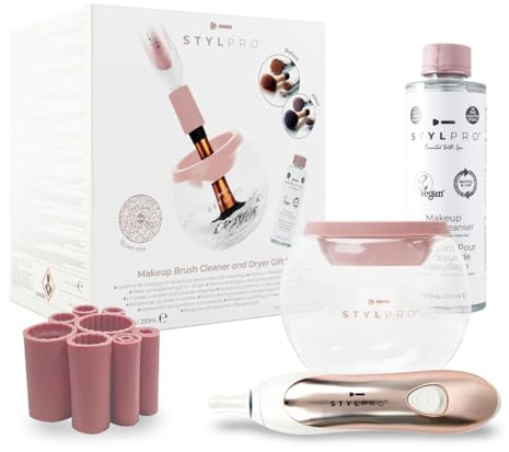 STYLPRO Coffret Cadeau : Appareil Nettoyant et Séchoir pour Pinceaux de Maquillage en Or Rose et Blanc, Nettoie et Sèche en 30s, Élimine Saleté, Impuretés, Taches, Végétalien, Toutes Tailles