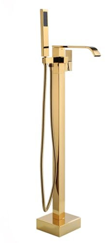 BiaoTeng Grifo De Pie Para BañEra Exenta Cascada oro Monomando 2 funciones latón Grifo De Cascada Para BañEra, oro