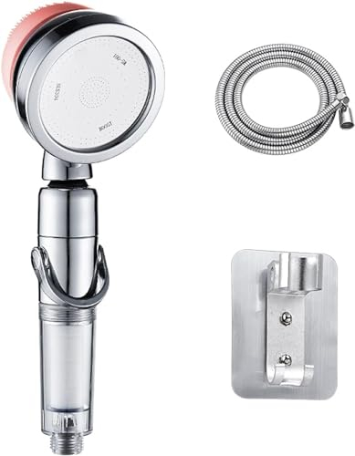 Samnuerly Duschschlauch-Set, Duschkopf mit Stopp-Knopf, mit Halterung, Hochdruck, mit Reinigungsgerät für Spa-Dusche, Rot, A