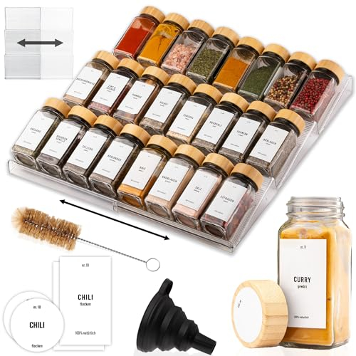 Deco haus® Gewürzregal Schublade [MIT 24 GEWÜRZGLÄSER & ETIKETTEN] - Gewürze Organizer - Gewürzeinsatz Schublade - Gewürzschublade Organizer mit Gläser - Schubladeneinsatz Gewürze