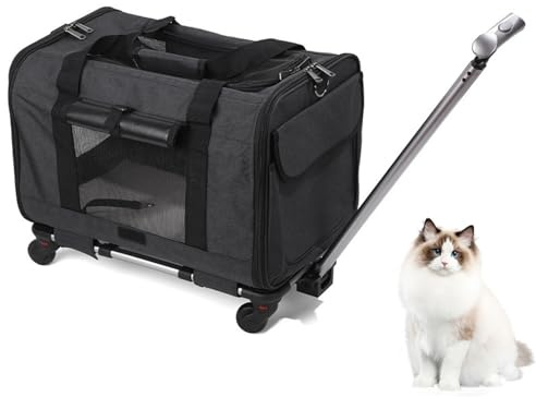 Großer Katzentransportbox mit Rollen Trolley,Katzentasche Transporttasche für Flugzeug Transportbox,2 in 1 Hunde Tragetasche Schultergurt katzenbox,Fahrbarer Tierträger Reiseträger Hundetragetasche