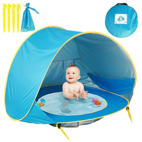 Strandmuschel Baby mit Pool, TGKYK 117 * 79 * 70CM Strandzelt Baby mit 4 Haken, Pop-up Strandmuschel UV Schutz Baby, Baby Strandmuschel Strandzelt für den Sonnenschutz von Kindern im Freien (Blau)