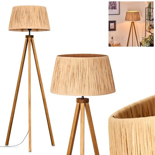 HOFSTEIN Granja Floor lamp, Wooden/Bast Floor lamp in Natural Colours, Scandinavian-Style lamp with Round Shade (Ø 45 cm) and Foot Switch, Height 150 cm, 1 x E27, Without Bulb