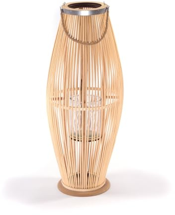CREEDWOOD Bambus Laterne Zya | mit Henkel und Glaseinsatz | Holz Kerzenhalter, Windlicht, Deko Laterne für überdachten Balkon oder Wohnung | Größe: 80 cm