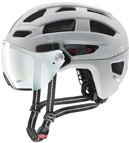 uvex Finale Visor V - sicherer City-Helm für Damen und Herren - mit selbsttönendem Visier - inkl. LED-Licht - Papyrus matt - 56-61 cm