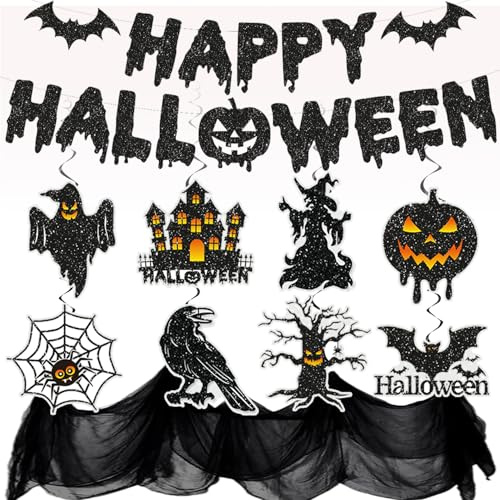 Halloween Deko Set XXL - Gruselig Dekostoff Tuch Glitzer Happy Halloween Girlande, Spiralen Deckendeko, Horror Deko