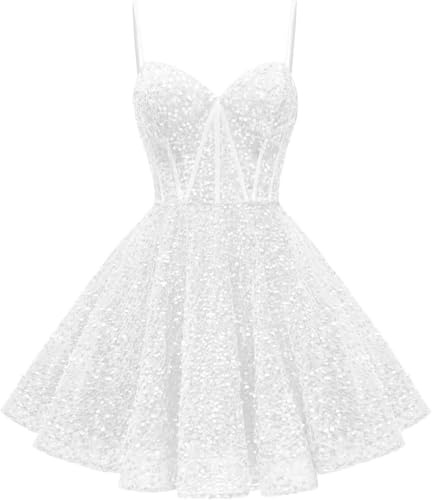 HPPEE Glitzernde Pailletten-Heimkehrkleider, kurzes Ballkleid, A-Linie, Korsett, Cocktail-Partykleid, weiß, 38