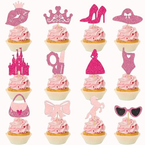 36 PCS Princess Cupcake Toppers Princess Cake Decorations Glitter Pink Cupcake Toppers Cupcake Toppers Birthday Girl Princess Theme Bridal Shower Wedding Birthday Party Supplies 2XD