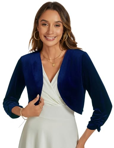 YOUNIFIZ Women's Velvet Bolero Shrug Cocktail Party Open Front Ruched 3/4 Sleeve Cropped Bolero Cardigan Navy Blue