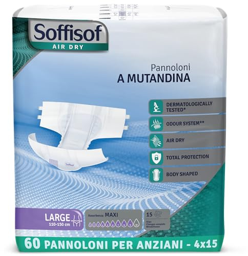 Soffisof Air Dry Windeln für Erwachsene Maxi L - 60x Inkontinenz Slip - 4 Packungen mit 15 Windelhosen, 9 Tropfen - Windelslip Erwachsene