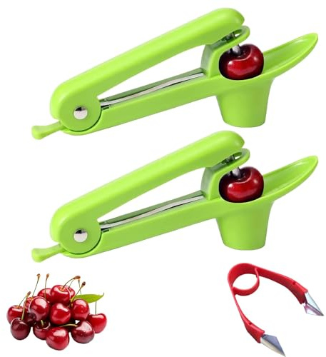 Cherry Pit Removal Tool, 2 Reuseable Cherry Stone Removers with Stainless Steel Bars, 1 Strawberry Stem Picker, Multifunctional Fruit Pit and Pit Remover