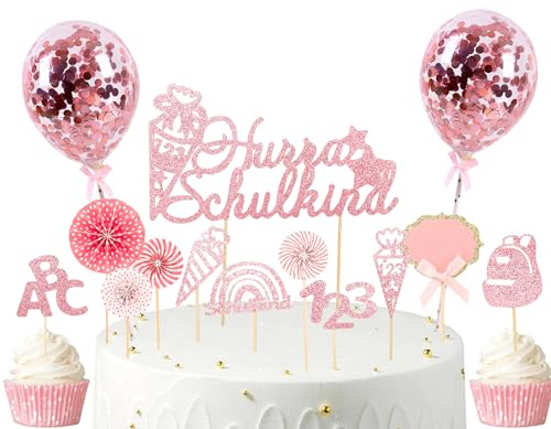 Gleevio Schulkind Tortendeko Einschulung Mädchen,20 Kuchen Deko Einschulung | Glitzer Cake Topper Schulkind 2026 Mädchen,Rosa Kuchendeko Schulanfang Rosa,123 Zuckertüte Deko Torte